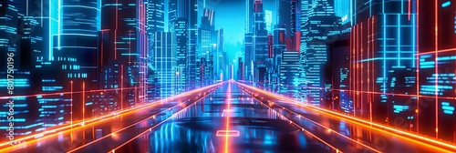 a futuristic cityscape featuring a towering skyscraper, a bustling street with colorful lights, and