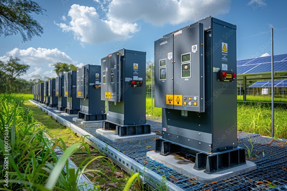 Solar farm inverters lined up in a green field, showcasing renewable ...