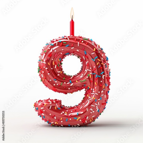 A red cake candle shaped like the number nine, 9, is displayed on a plain white background.