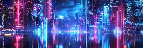 a futuristic cityscape featuring a towering skyscraper, a bustling street, and a bustling river flo