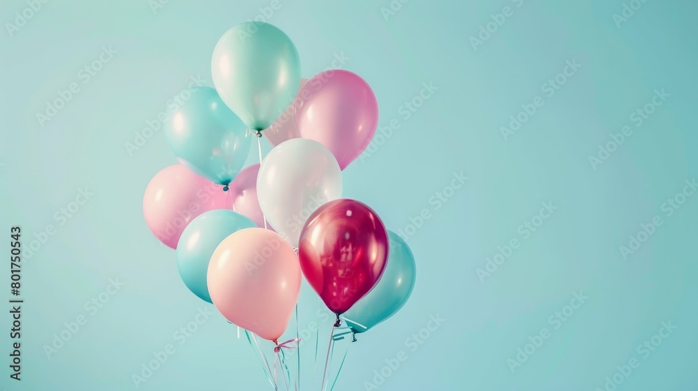 A bouquet of pastel balloons floating against a serene blue backdrop