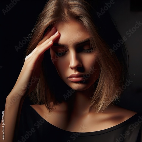 A woman having a headache, with the rim light. The background is black