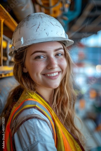 A photograph of a cheerful female construction worker in her safety gear on a job site.