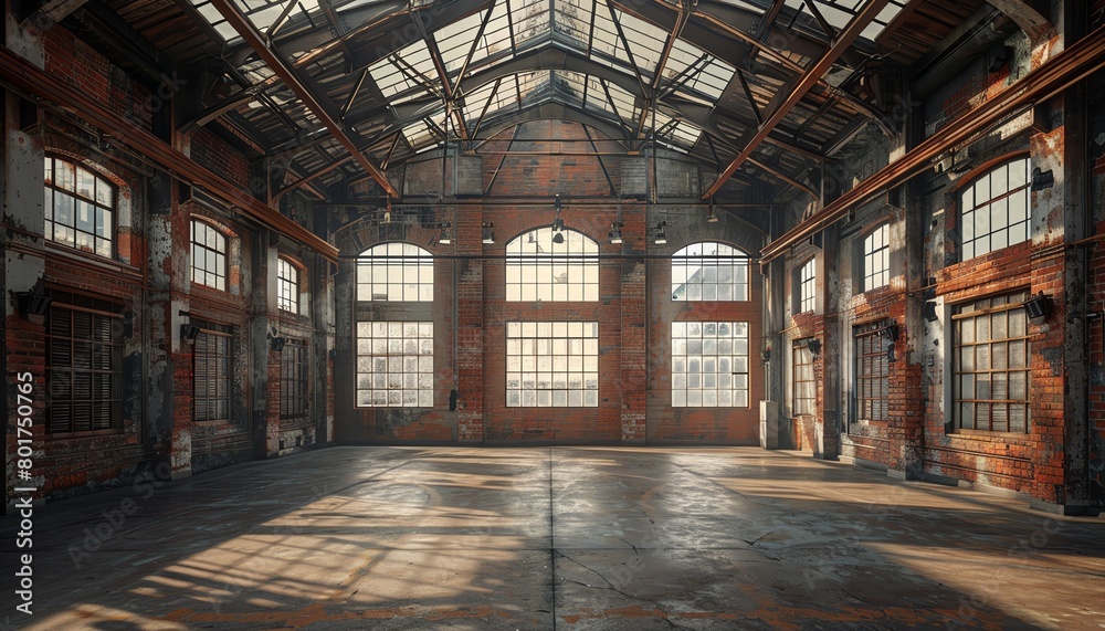 An old industrial warehouse with brick walls and high ceilings, skylights on the roof and large windows in one wall.