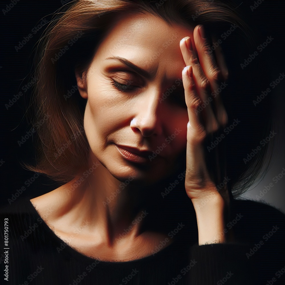 Fototapeta premium A middle age woman portrait having a headache, with the rim light. The background is black