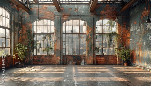 An old industrial warehouse with brick walls and high ceilings, skylights on the roof and large windows in one wall. photo