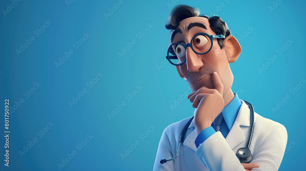 A male doctor in a 3D cartoon style is holding his chin with his hand, lost in thought A male doctor in a 3D cartoon style is holding his chin with his hand, lost in thought