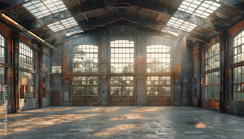 An old industrial warehouse with brick walls and high ceilings, skylights on the roof and large windows in one wall.