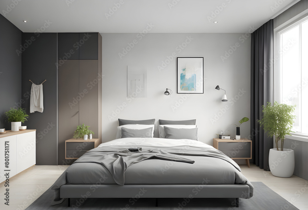 Interior of stylish room with big bed
Interior of stylish room with big bed