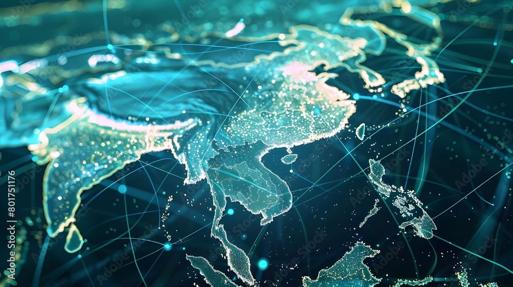 Digital map of Asia, concept of global network and connectivity, data transfer and cyber technology, business exchange, information and telecommunication Digital map of Asia, concept of global network and connectivity, data transfer and cyber technology, business exchange, information and telecommunication