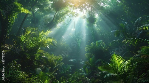 Beautiful green forest with sunlight rays  nature background Green trees in the jungle with sun light and misty fog Beautiful natural landscape of tropical rainforest Nature wallpaper