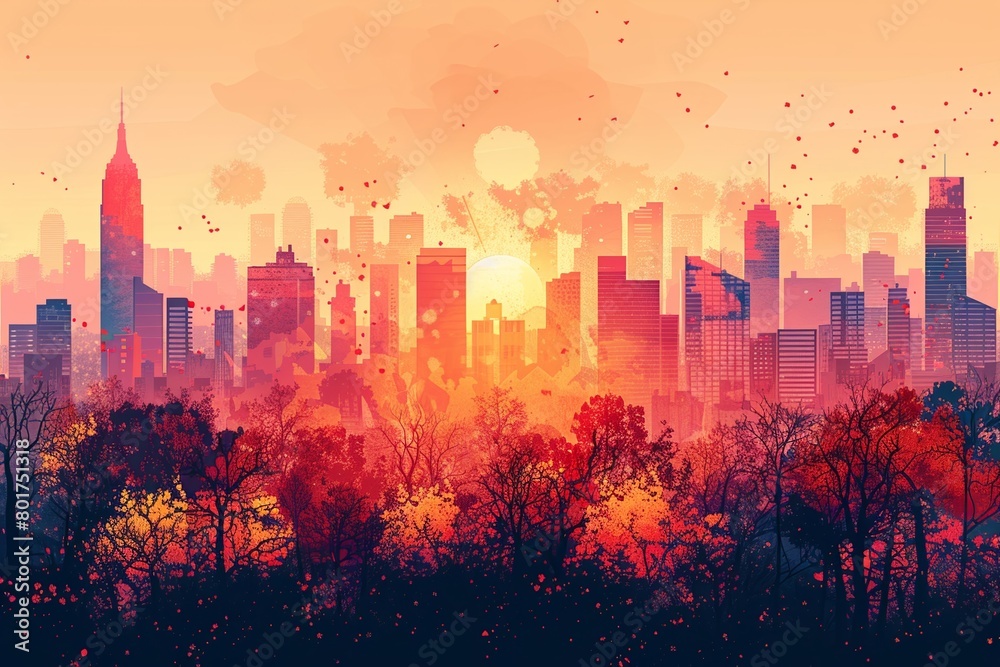 A generative AI created a stunning artwork of the fall cityscape at dawn.