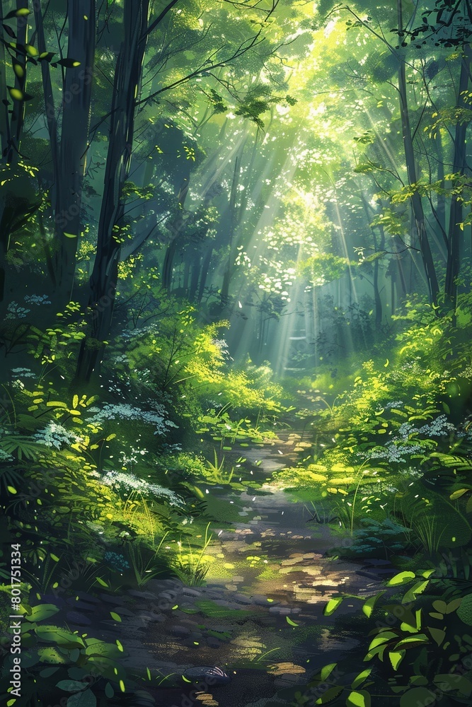 Obraz premium Illustration of a stunning woodland scene with sunlight streaming through the branches, captured in a landscape painting.
