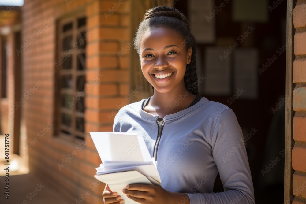A Smiling Young Woman Holding a Parcel Stands Proudly in Front of the Quaint Brick-Walled Local Post Office on a Sunny Afternoon A Smiling Young Woman Holding a Parcel Stands Proudly in Front of the Quaint Brick-Walled Local Post Office on a Sunny Afternoon