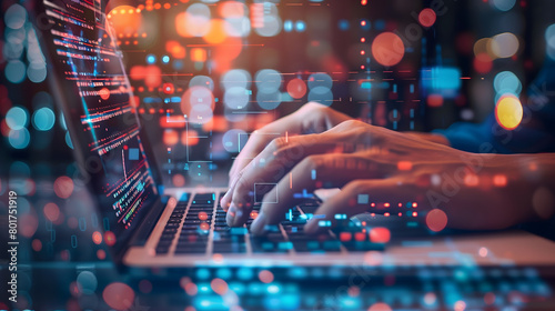 Close-up of man's hands working on laptop in server room