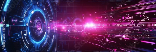 a futuristic background featuring a black and blue circle and a bright light