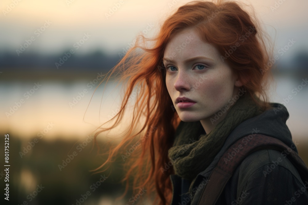 Fototapeta premium A Serene Portrait of a Young Woman Contemplating Life as She Gazes Across the Tranquil Waters of a Misty Marsh at Dawn