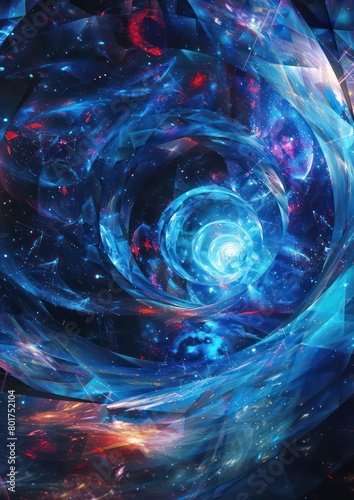 cosmic stars swirl, geometric shapes rushing forward on blue and dark color 