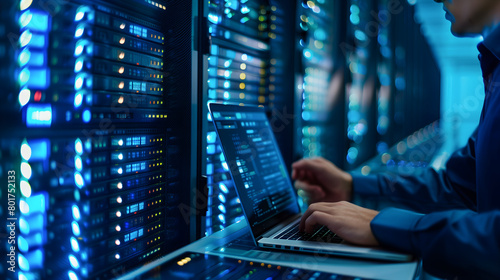 Close-up of man's hands working on laptop in server room