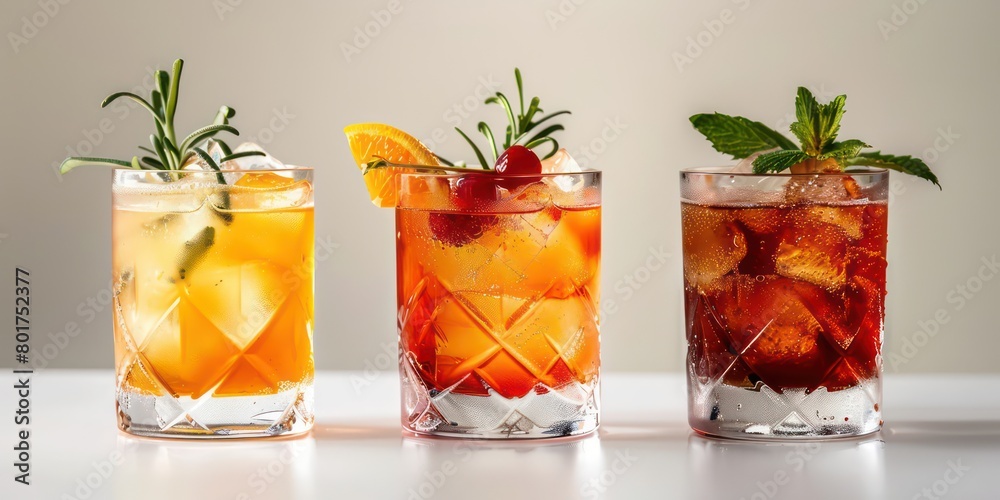 cocktails side by side on a table on white background cocktails side by side on a table on white background