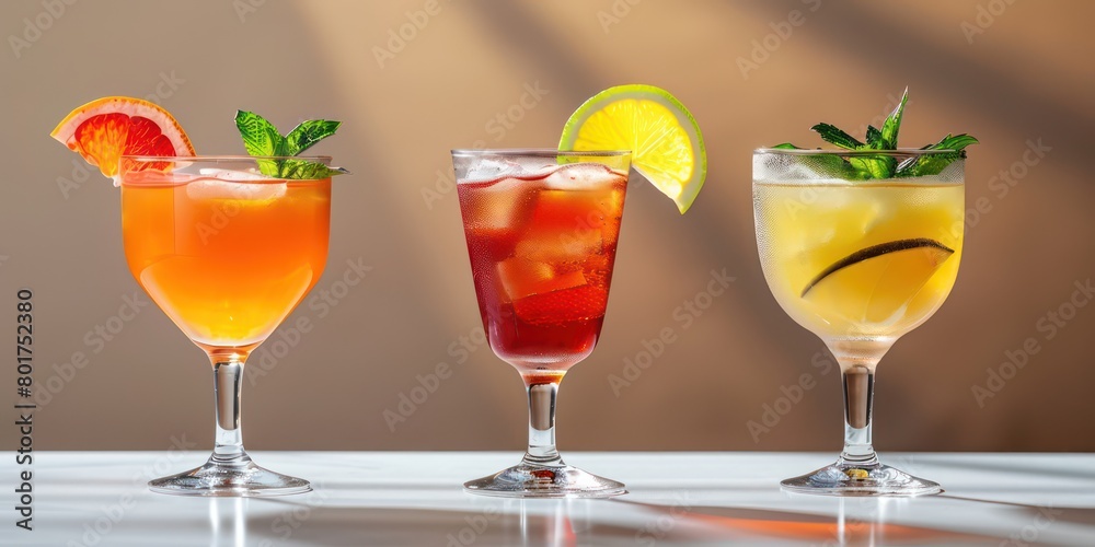 cocktails side by side on a table on white background
