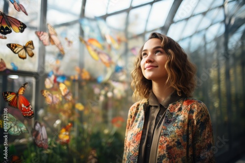 A Serene Gaze Amidst a Kaleidoscope of Colors: Portrait of a Young Woman Standing Before the Vibrant Mosaic of a Butterfly Conservatory photo