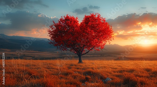 Beautiful red heart shaped tree in the middle of field at sunset Beautiful autumn landscape with golden grass and mountains on background Love concept Valentines Day card, real photo