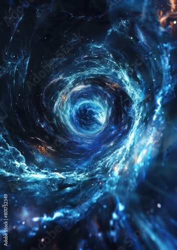 cosmic stars swirl, geometric shapes rushing forward on blue and dark color 