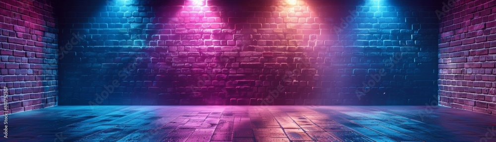 A textured brick wall in shades of cobalt and lavender, illuminated by powerful spotlights, neon lights, and laser beams, providing a dramatic backdrop for showcasing products and presentations.
