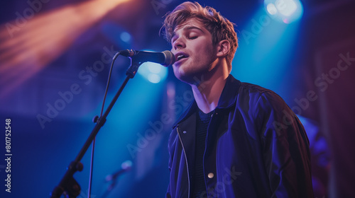 Photo image of a young and handsome 23-year-old Swiss male singer wearing a navy blue jacket and singing at a live house © fairyfingers