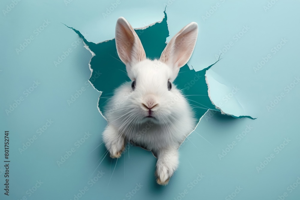 Obraz premium A rabbit jumping from a ripped opening in a cracked teal surface. AI created.