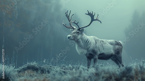 Beautiful white reindeer in a misty winter forest, on a foggy morning, with cold air and a cold blue colored background, rendered in the style of a photo realistic and detailed artist. © NeeArtwork