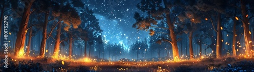 Artwork featuring a serene night scene of camping in a forest with twinkling stars and glowing fireflies, created digitally through painting and illustration techniques. photo