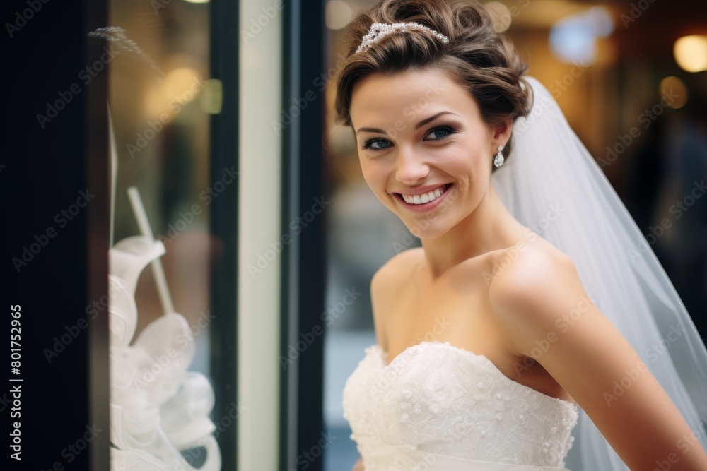 A Radiant Smile Captured in Time: An Elegant Individual Posing Before the Enchanting Window Display of a Bridal Boutique A Radiant Smile Captured in Time: An Elegant Individual Posing Before the Enchanting Window Display of a Bridal Boutique