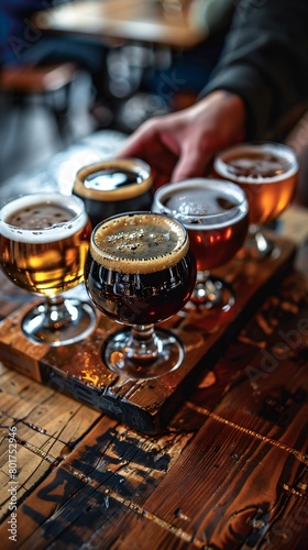 Hands gripping assorted beers in a sampler flight, the rich hues and foamy heads tempting patrons to dive into a diverse tasting experience.