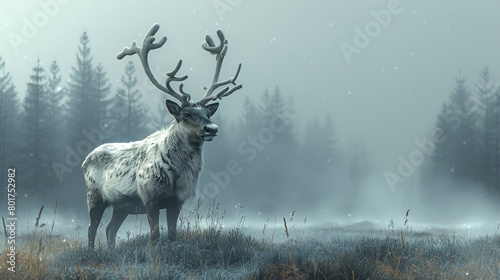 Beautiful white reindeer in a misty winter forest, on a foggy morning, with cold air and a cold blue colored background, rendered in the style of a photo realistic and detailed artist. photo