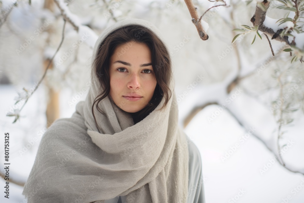 A Serene Portrait of a Graceful Woman Wrapped in a Warm Scarf Standing Before the Pristine White Blanket of a Snow-Covered Orchard A Serene Portrait of a Graceful Woman Wrapped in a Warm Scarf Standing Before the Pristine White Blanket of a Snow-Covered Orchard