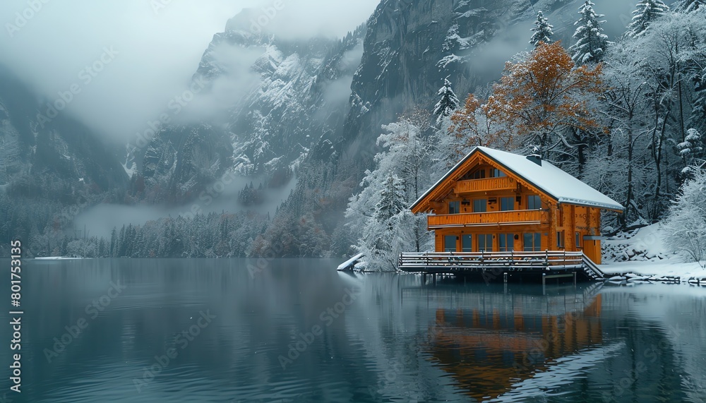 Fototapeta premium Beautiful winter landscape with a wooden house on a lake and snowcovered mountains in foggy weather, with an orange and blue color palette, in the style of ultra realistic photography
