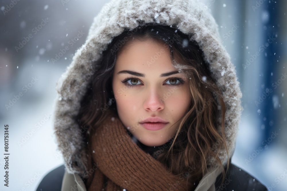 A Serene Portrait of a Contemplative Woman Wrapped in Warm Clothing Standing Before a Playground Blanketed in Fresh Snowfall