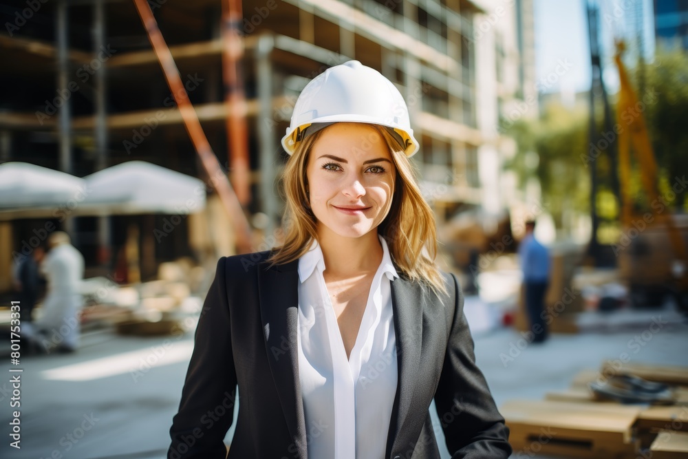 A Vision of Progress: A Confident Woman in Business Attire Stands Before the Bustling Construction Site of a New Urban Development Project A Vision of Progress: A Confident Woman in Business Attire Stands Before the Bustling Construction Site of a New Urban Development Project