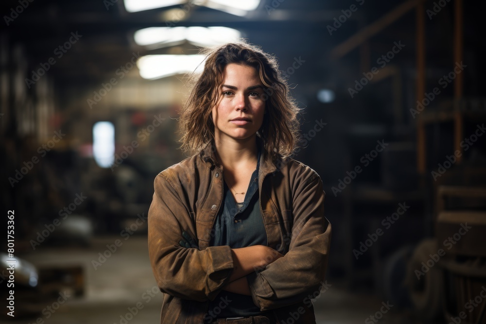 A Vision of Strength and Femininity: A Determined Woman Poses Confidently Before the Gritty Backdrop of a Bustling Industrial Workshop A Vision of Strength and Femininity: A Determined Woman Poses Confidently Before the Gritty Backdrop of a Bustling Industrial Workshop