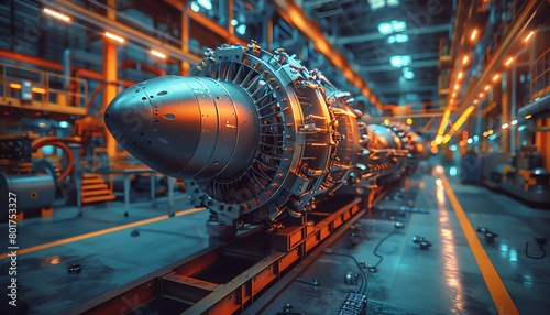 Bright production line with big oversized jet engine in factory, closeup of the turbine and blades modern technology background 3D rendering in the style of modern technology