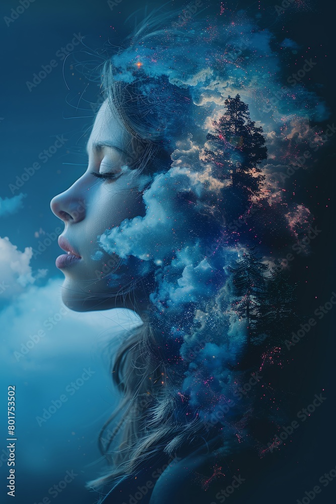 Capture a stunning and dreamy image featuring a captivating woman surrounded by a vivid mix of digital artistry and cosmic elements, created with the help of innovative AI technology. Capture a stunning and dreamy image featuring a captivating woman surrounded by a vivid mix of digital artistry and cosmic elements, created with the help of innovative AI technology.