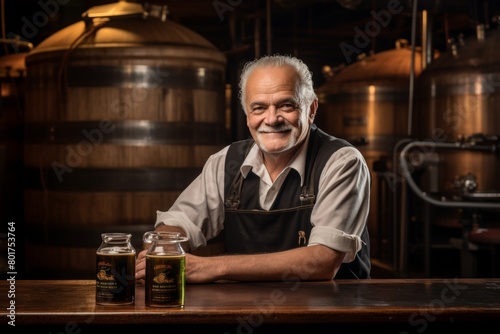 A Master Brewer's Portrait of Passion and Craftsmanship Amidst the Rustic Charm of Aging Oak Barrels and Gleaming Copper Kettles