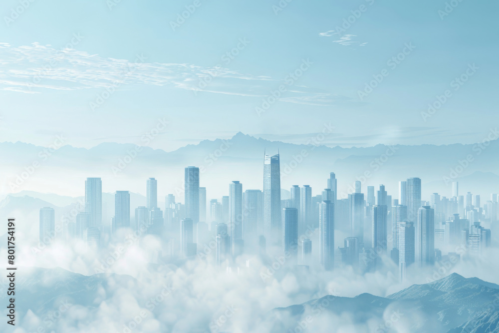 Fototapeta premium Illustrations of city buildings and distant mountains