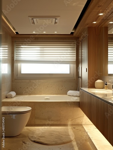 A modern bathroom with abstract wood paneling. © taelefoto