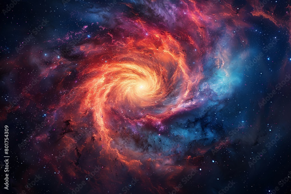 Witness the vibrant spirals of a cosmic cloud expanding in the expanse of the universe