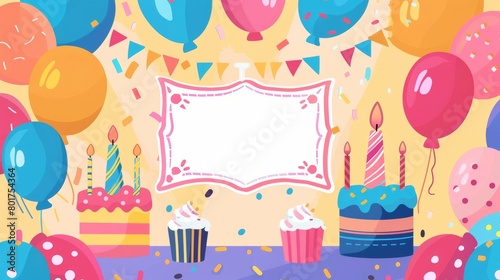 Colorful birthday party invitation background with balloons and cake