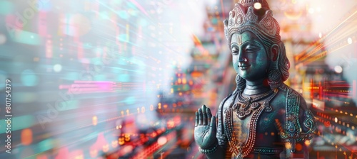 God Shiva statue on digital technology background. Hinduism god religion concept. Generative AI technology. 