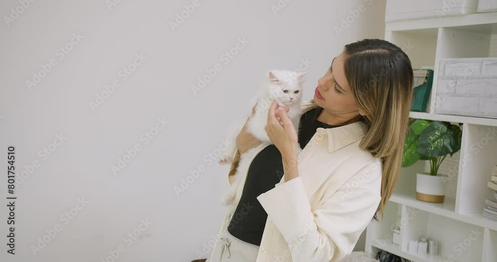 Cute pretty young beautiful woman is holding hugging embrace cute little fluffy a white cat in her arms. The woman is smiling and seems to be enjoying the moment, Relationship between pets and people Cute pretty young beautiful woman is holding hugging embrace cute little fluffy a white cat in her arms. The woman is smiling and seems to be enjoying the moment, Relationship between pets and people